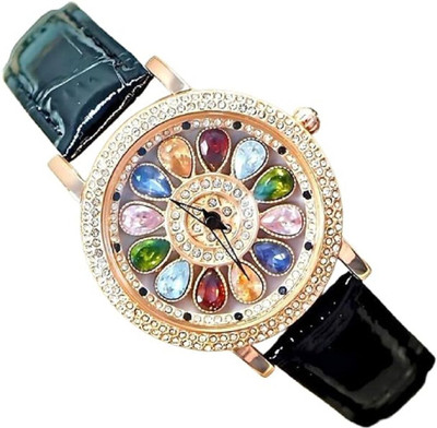 AHA CRAFTY Rotating Luxury Crystal Dial Watch with Multi-Coloured Stones ROTATING Analog Watch  - For Women