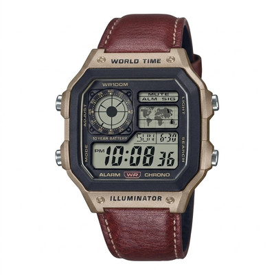 Digil DIGIL World Map digital watch with brown leather strap Mens Watch ...