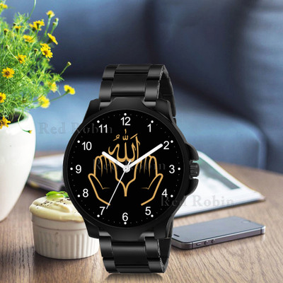 Red Robin IW004-NUM-3K-BLK-CDBLK ISLAMIC Allha Ki Dua Design Round Dial Black Silicone Strap Muslim Analog Watch  - For Men