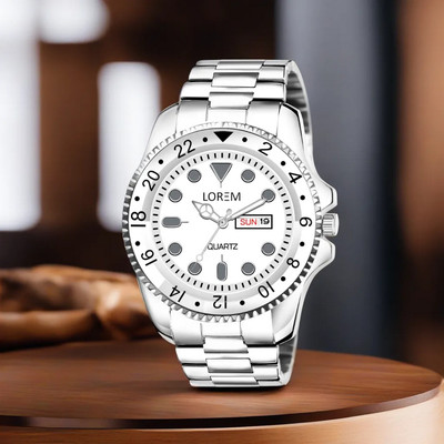 LOREM LR131 Premium Collection Silver Day-Date Function Round Metal Strap Casual Analog Watch  - For Men