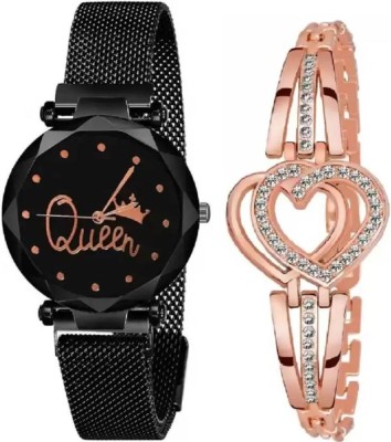 QALIBA latest watches (trending) 2023 girls Gold Heart Shape Bracelet Round Dial Elegant Classic Combo Set Analog Watch  - For Girls