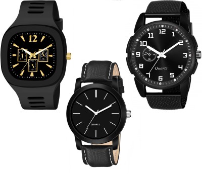 Praizy New Stylish Combo Of 3 Black Silicone Strap PU Strap & Leather Strap Analog Watch - For Men
