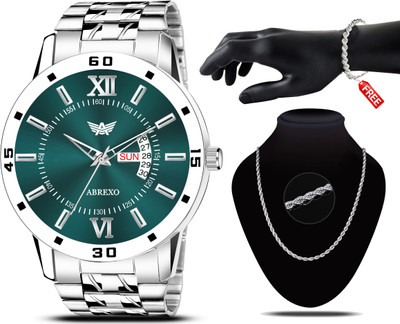ABREXO Abx01257- Green + C2 Silver Chain & Bracelet Day & Date Functioning Silver Wrist Watch With Chain & Bracelet Combo for Boys Analog Watch  - For Men