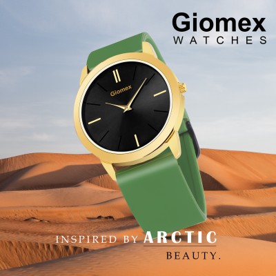 Giomex Golden G0M742-BG Black Dial Green Silicone Strap Golden Brass Slim Case Premium Analog Watch  - For Men