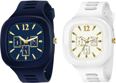 SHURAI white_blue_boys_mens_watch Men New Combo Of Black and White Square Dial with Silicone Strap Analog Watch  - For Boys