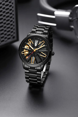 ABREXO Abx9981-All Black Watch Yellow Dial Car Wheel Watch ABREXO Rotating Dial Analog Watch for Men | Stylish Car Wheel |Quartz Movement Analog Watch  - For Men
