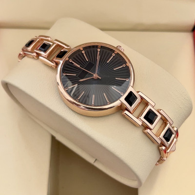 Romofy Classic Series New Classy Look Black Dial Rose Gold Diamond Studded Girl's Party Wear Analog Watch  - For Women