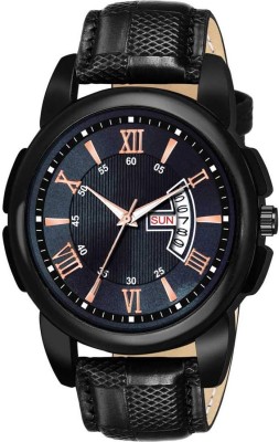 TONSY Men's Black Leather Strap Day & Date Watch For Gents Birthday Gift Watch Men's Black Leather Strap Attractive Stylish Men's Gift Watch Analog Watch  - For Men & Women