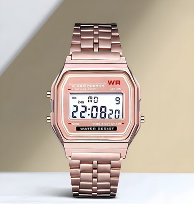 Timofywr Waterproof Rosegold Digital Watch Stainless Strap Alarm Stopwatch Trendy Chain Strap Series Digital Watch  - For Men & Women