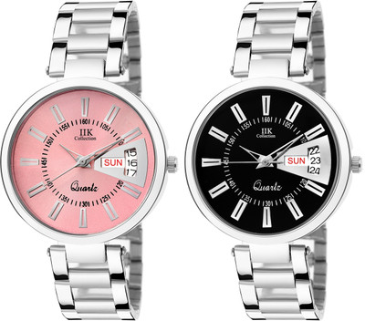 IIK Collection Fashionable Pink & Black Day and Date Studded Dial with Silver Bracelet Strap Combo Analog Watch  - For Women