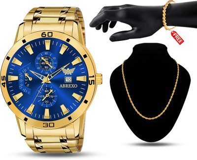 ABREXO Abx8404-BL GD Blue Gold Date Working Watch With New Design RASA Chain & Bracelet Gold Special Combo Pack For Boys Analog Watch  - For Men