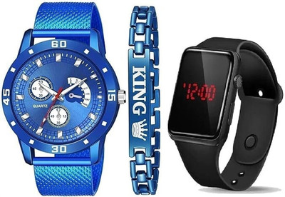 dmash Multicolor Dial Sport PU Belt Watch & King Brecelet Pack of 3 Analog & Dgital Analog Watch  - For Boys