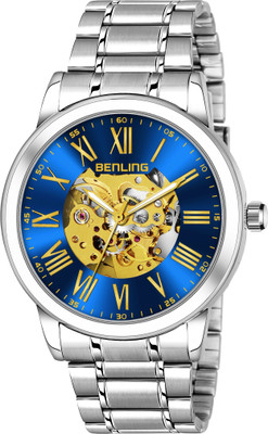 Benling 1025-BLU-SLVR Analog Watch Automatic Mechanical Movement Skeleton Stainless Steel Chain Formal Casual Party Official Purpose for Men Analog Watch  - For Men