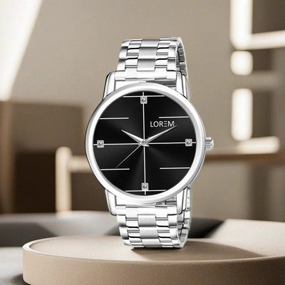 LOREM Attractive Black Dial Silver Metal Strap Round Analog Watch  - For Men