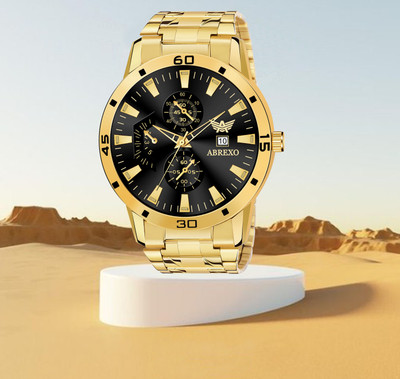 ABREXO Abx8404-Black Gold Black Dial Gold Platted Bracelet Date Functioning Watch For Boys Analog Watch  - For Boys