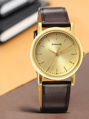 SONATA Classique Sonata ClaStainless Steelic Champagne Dial Brown Leather Strap Analog Watch  - For Men