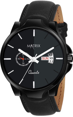 MATRIX DD-0110-BLACK Swiss Day & Date Black Dial & Black Leather Strap Analog Watch  - For Men & Women