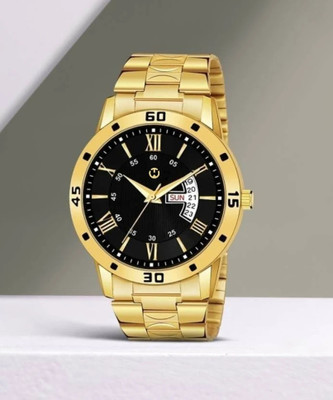 WIZARD TIMES Formal and Party Wear Watch for Men Golden Chain Strap Day & Date Analog Black Dial Formal Watch Water Resistant Analog Watch  - For Men