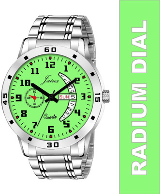 JAINX JM7109 Stylish Day & Date Function Radium Dial Steel Chain Analog Watch  - For Men