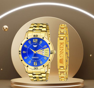ABREXO Day & Date Working Blue Dial Gold Wrist watch with King Band Special Combo Analog Watch  - For Men
