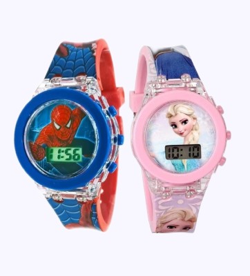 Timefit Digital Watch Combo Pack For Kids Princess - Spiderman Character Glowing Light Digital Watch  - For Boys & Girls