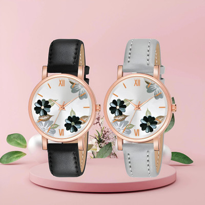 SHURAI Black_Grey_Flower watch for girls Classic analog | Printed Dial | Leather Strap | Exclusive Design | Gift | Flower Analog Watch  - For Girls