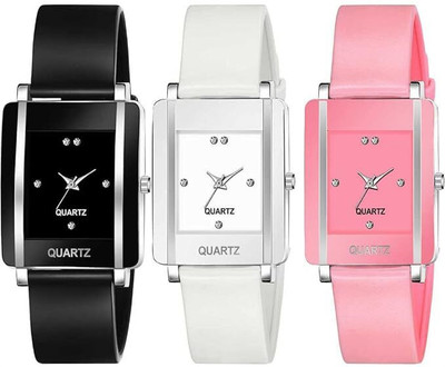 Motugaju Analog Black White Pink Square Dial PU Belt Combo Analog Watch  - For Women