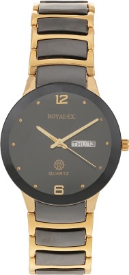 Royalex Watch Black Dial Day and Date Golden Ceramic Case and Black Gold Ceramic Chain Watch Black Dial Day and Date Golden Ceramic Case and Black Gold Ceramic Chain Analog Watch  - For Men