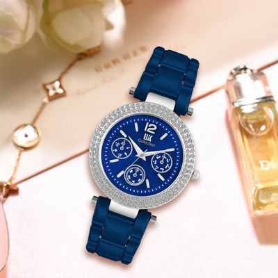 IIK Collection IIK-3205W Round Formal Blue Studded Dial with Metallic Blue Bracelet Strap Analog Watch  - For Women