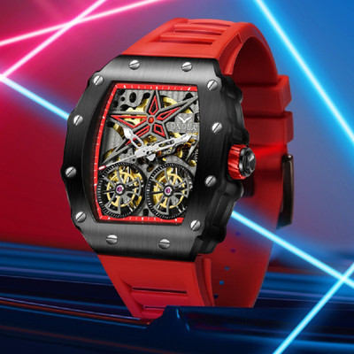OVERFLY Double Tourbillon Automatic Skeleton Mechanical Flywheel Unique Dial Luxury ONOLA Double Tourbillon Automatic Skeleton Mechanical Flywheel Unique Dial Red Analog Watch  - For Men