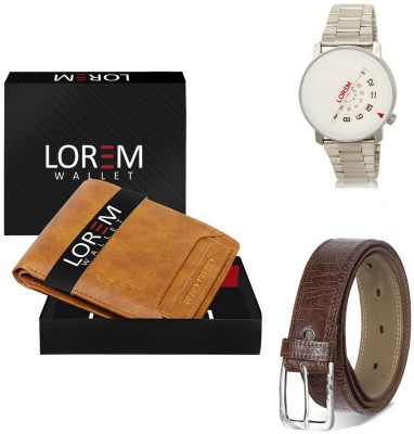 LOREM Belt, Wallet & Watch Combo(Beige, Brown, Silver)