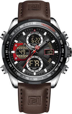NAVIFORCE NF9197L-SWBK Professional look brown leather strap Analog-Digital Watch  - For Men