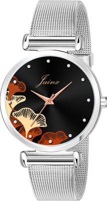 JAINX JW8523 Floral Design Black Dial Steel Mesh Chain Analog Watch  - For Women
