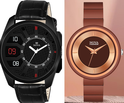 NOVA Exclusive Black Strap & Chain Wrist Couple Watch Analog Watch  - For Couple
