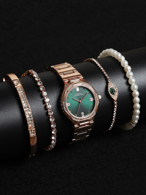 French Connection New Collection Gift set Rose Gold Jewellery and Green Dial Analog Watch  - For Women