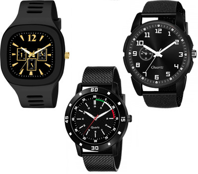 THENUREVENTERPRISE New Stylish Combo Of 3 Black Silicone Strap & PU Strap Analog Watch  - For Men
