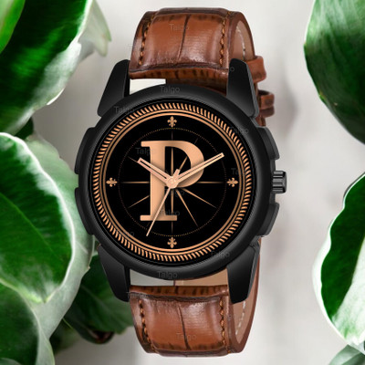 Natrix ALPHA-P-J16-BLK-DBRW-CRL Fancy Design Stylish ALPHABET P Dial Brown Leather Strap Men Wrist Watch Analog Watch  - For Boys