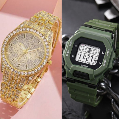 RS TRADER CO LUXURY FASHION DIMOND CRYSTAL DIAL & DIGITAL DIAL GOLD & OLIVE LUXURY FASHION DIMOND CRYSTAL DIAL & DIGITAL DIAL GOLD & OLIVE Analog Watch  - For Men
