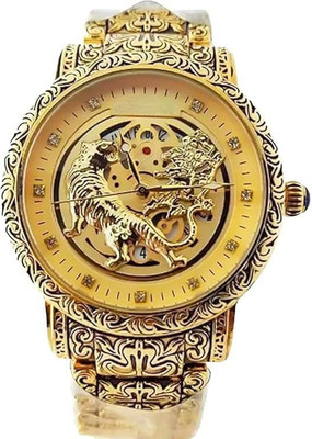 NAYABE Gold-Tone Tiger Skeleton Dial Watch, NAYABE Tiger Round Dial Golden Men's Wrist Luxury Lion Analog Watch  - For Men