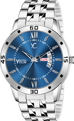 YOUTH CLUB Day Date Day and Date Functioning Blue Dial Metal Strap Quartz Water Resistant Analog Watch  - For Men