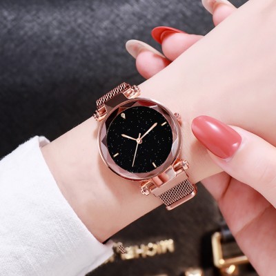 Marclex 2021 Stylish 4 Point diamond Studded New Arrival Luxurious Looking Starry Sky Magnetic Watch Wrist Style Fancy Bracelet Women Watches Ladies Wristwatch for Girls Analog Fashion Female Clock Gift with Magnet Mash Strap Plated Rose Gold Color Luxury Mesh Buckle sky Quartz girls Mysterious Lady