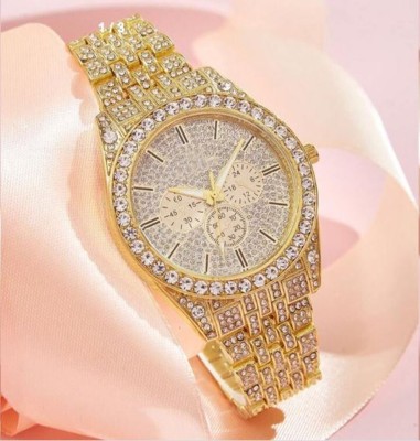 DAENTERPRISES New Trending Gold Diamond Dial and Diamond Stainless Steel Chain Watch Analog Watch  - For Girls