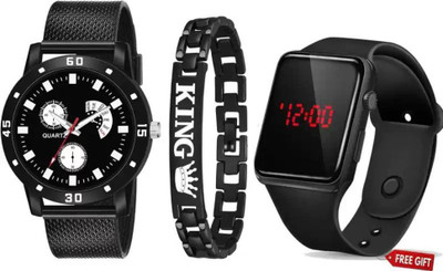 QALIBA FULL BLACK FANCY DIAL SPORT PU BELT WATCH & KING BRECELET PACK OF 3 Analog Watch Analog-Digital Watch  - For Men