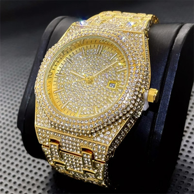 Tova Luxury Iced Out Gold Watch | Diamond Studded Analog Watch with Date Display Luxury Iced Out Gold Watch | Diamond Studded Analog Watch with Date Display Analog Watch  - For Men