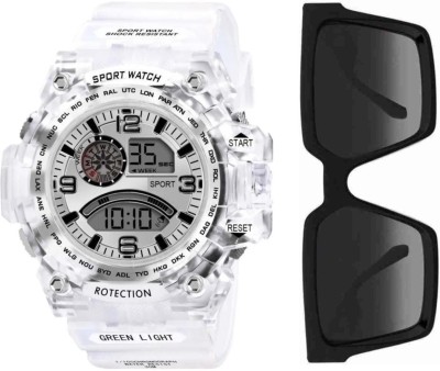 PIRASO PS-1017&LV BLACK Transparent White Strap Silver Dial Combo Sports Watch And Black Sunglasses Digital Sports Watch for Men and Boys. Digital Watch  - For Men