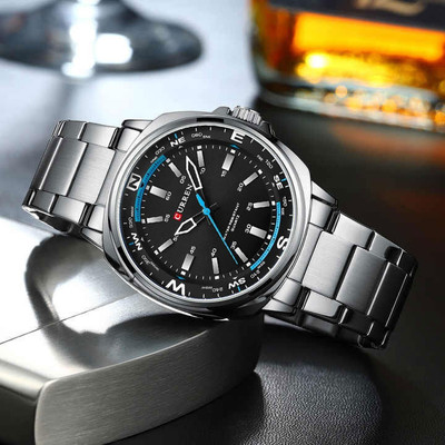Curren Black Dial Metal Strap Quartz Water Resistant Analog Watch  - For Men