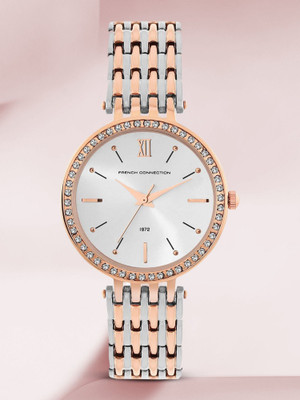 French Connection Diana Women's Analog Rose Gold Watch | Rhinestone Silver Sunray Dial Analog Watch  - For Women