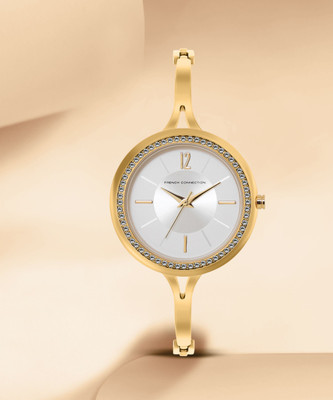 French Connection Eva Women's Analog Gold Watch | Silver Sunray Round Dial Analog Watch  - For Women