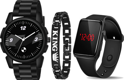 casera 3 combo led 1252 SetOf3 Analog Watch And Led Watch With King Black Bracelet Combo For Kids Watch Analog-Digital Watch  - For Men
