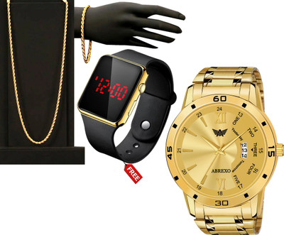 ABREXO Date Working Gold Watch with Digital watch & Gold Chain &Bracelet Combo for Boys Analog Watch  - For Men